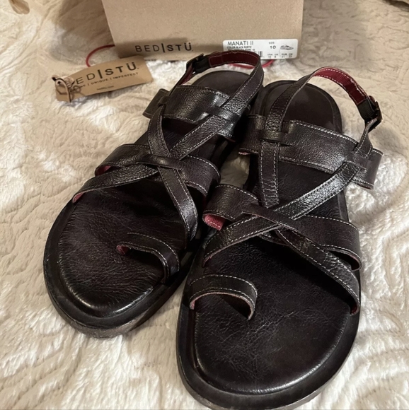 Bed Stu Black Leather Manati II Strappy Sandals Sz 10 Genuine Leather - Picture 4 of 7